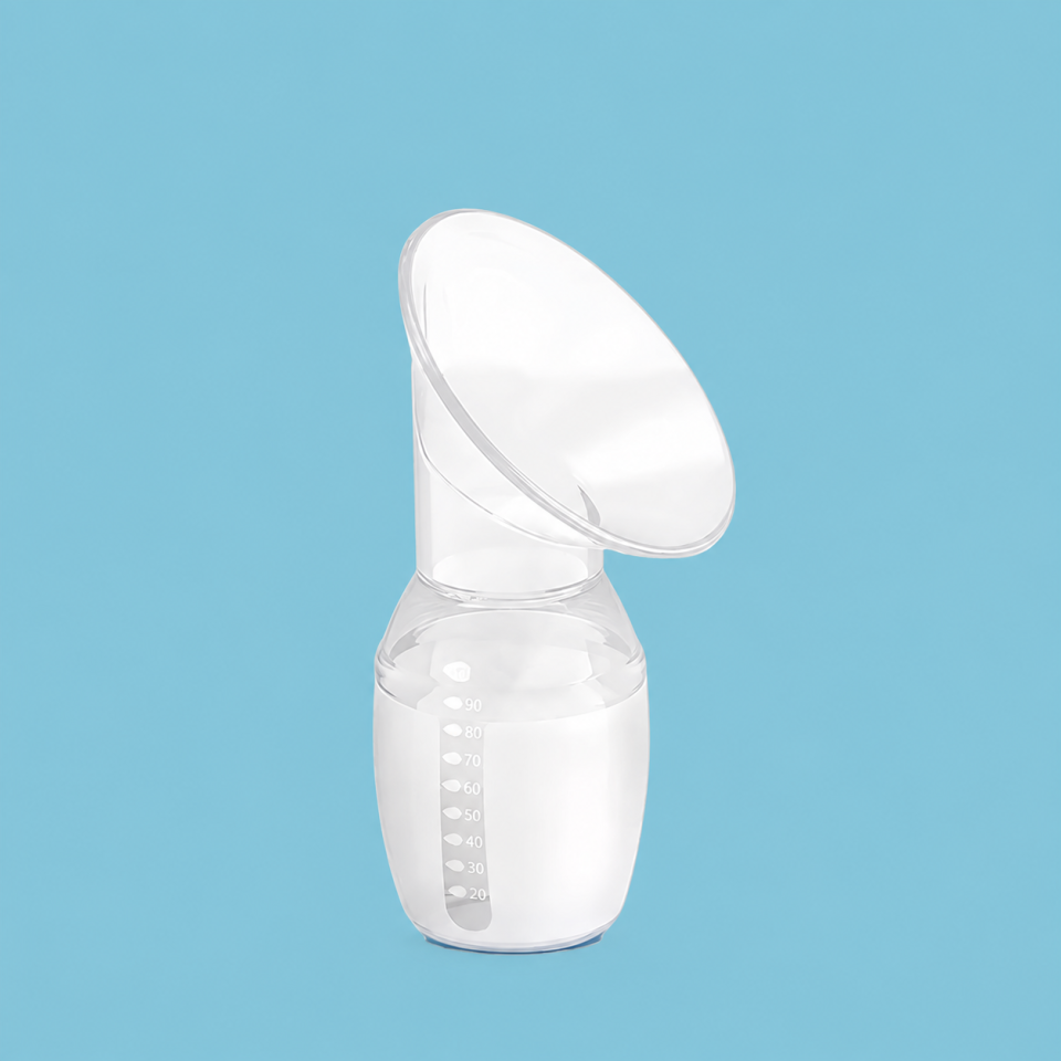 Einmilk silicone manual breast pump and milk collector in white on blue background