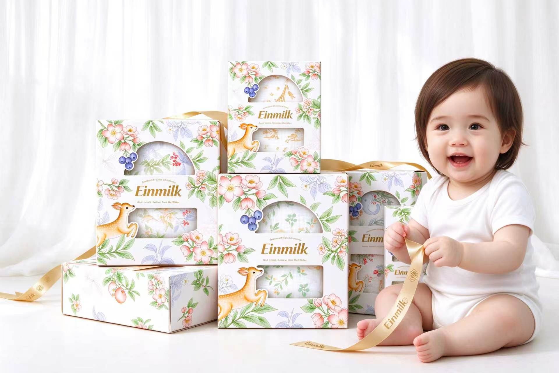 EINMILK gift boxes with a happy baby