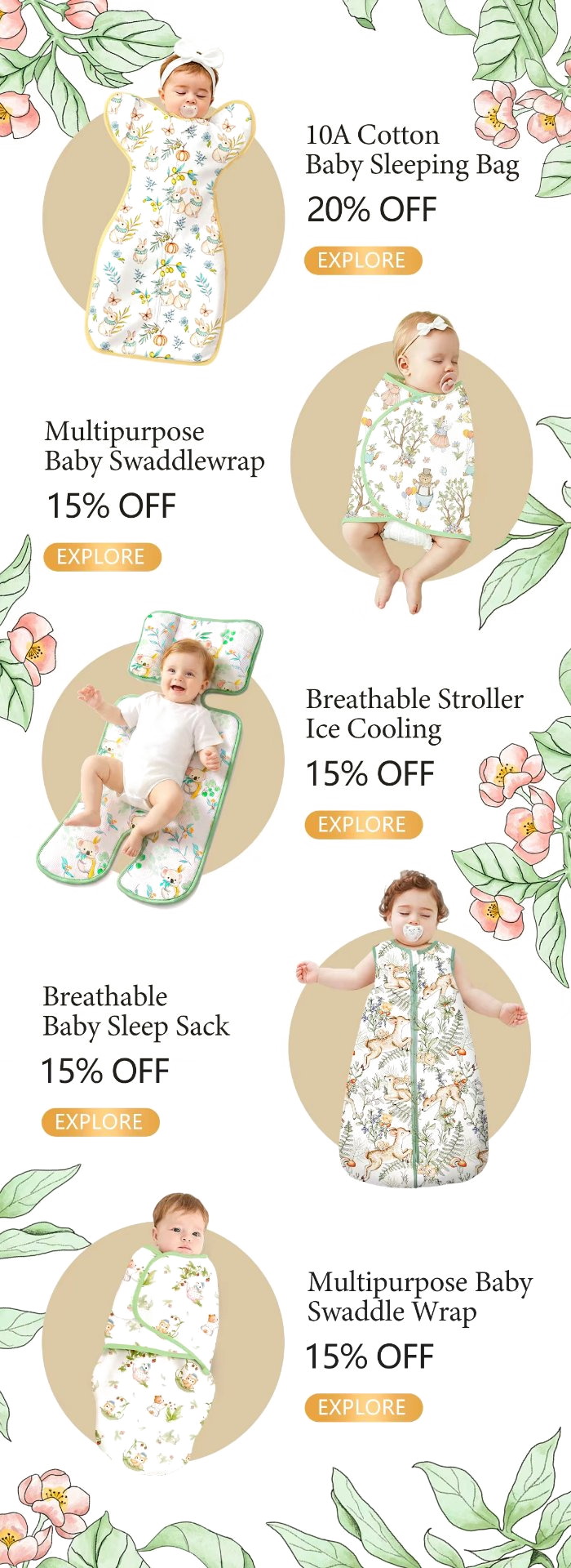 Sleep essentials promotion: sleeping bag, swaddle, ice cooling mat, sleep sack