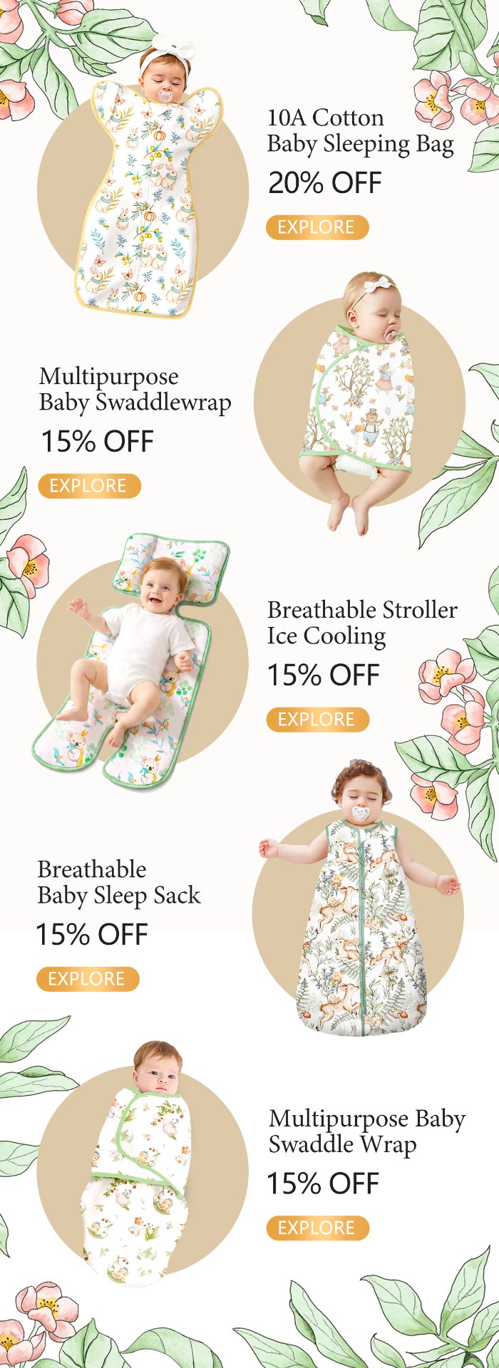 Sleep essentials promotion: sleeping bag, swaddle, ice cooling mat, sleep sack